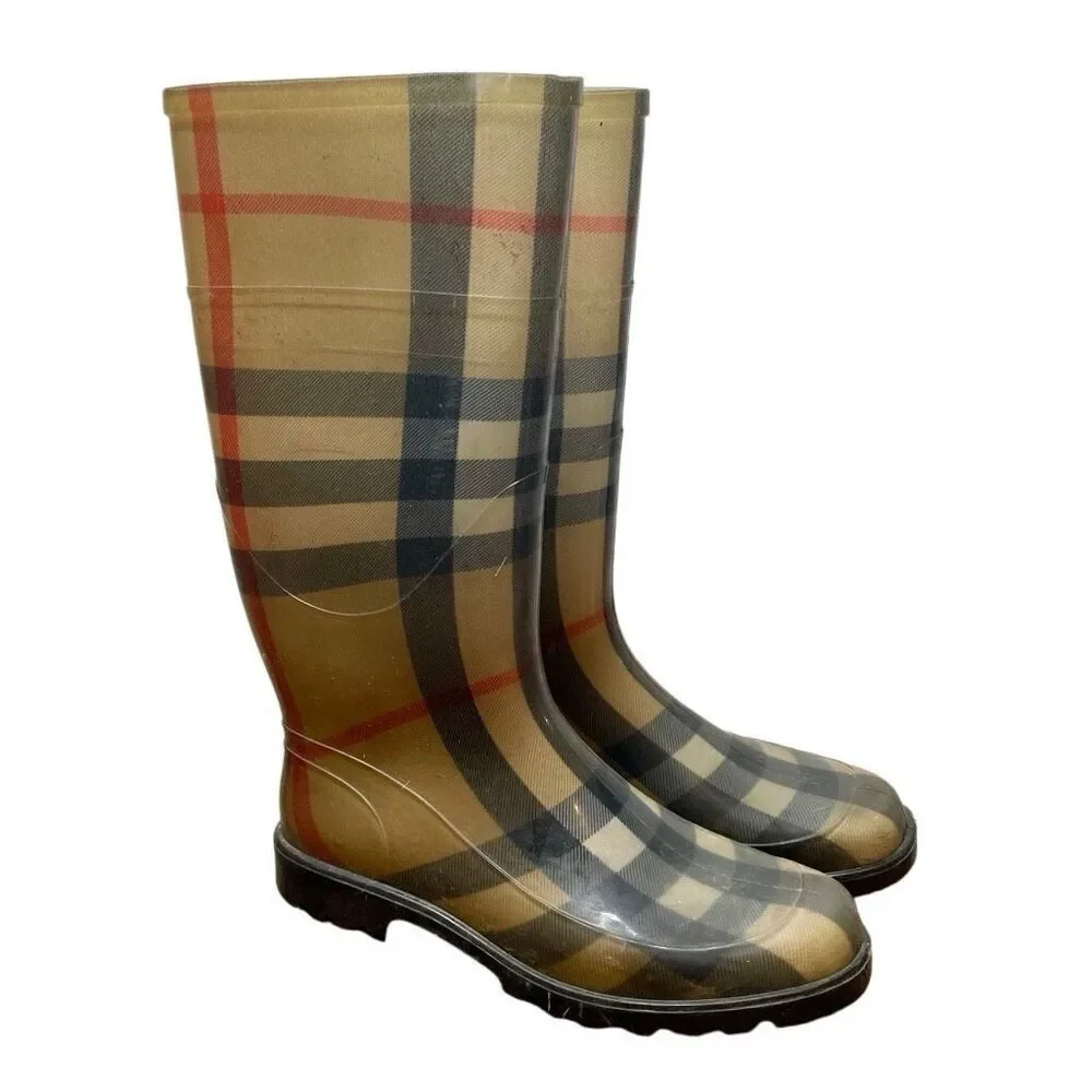 Burberry Rain Boots Waterproof Rubber Nova Check Size 39‎ Plaid Print Outdoor